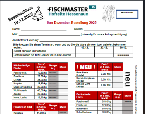 Fischmaster Weihnachtsbestellung Frischfisch Räucherfisch Hofladen 2025