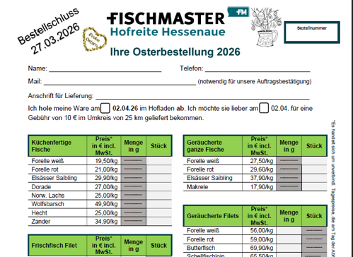 Fischmaster Hofreite Hessenaue Osterbestellung Osterbestellzettel Ostern 2026 Frisch Fisch Räucherfisch